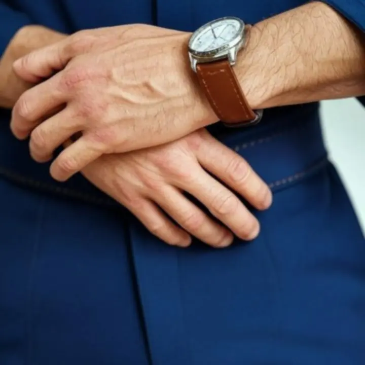 Zbliżenie na eleganckie męskie dodatki z oferty MeskiStyl, w tym zegarek i poszetkę.