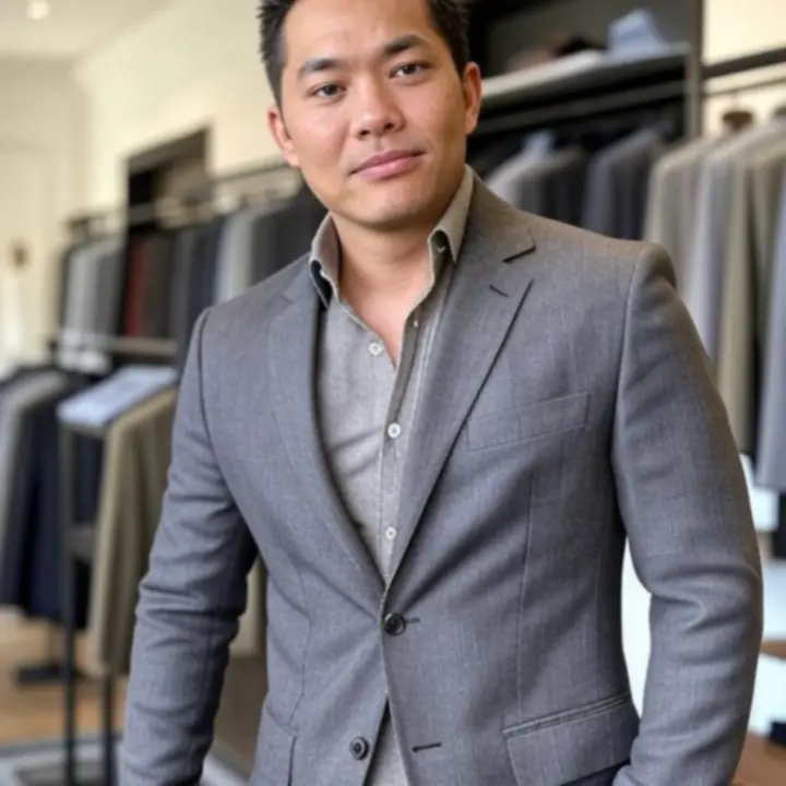 Pewny siebie mężczyzna w eleganckim garniturze w nowoczesnym butiku MeskiStyl.